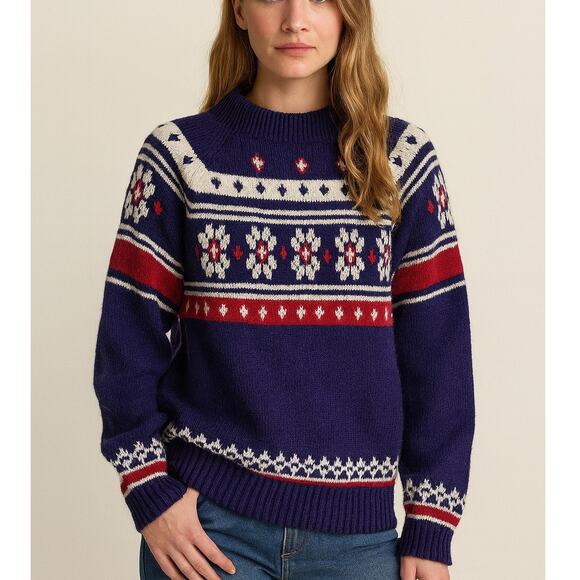 Vintage 70s Fair Isle Nordic Mock Neck Snowflake Sweater - Picture 1 of 7